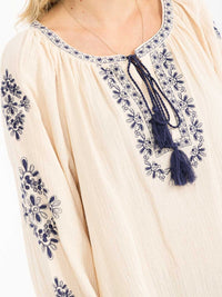 WOMEN'S LONG SLEEVE V-NECK LOOSE FIT TUNIC EMBROIDERY BLOUSE