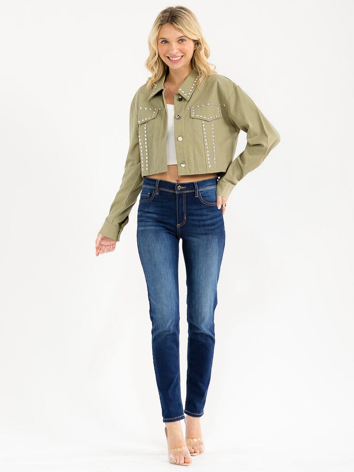 WOMEN'S LONG SLEEVE BUTTON CLOSURE STUDS DENIM JACKET