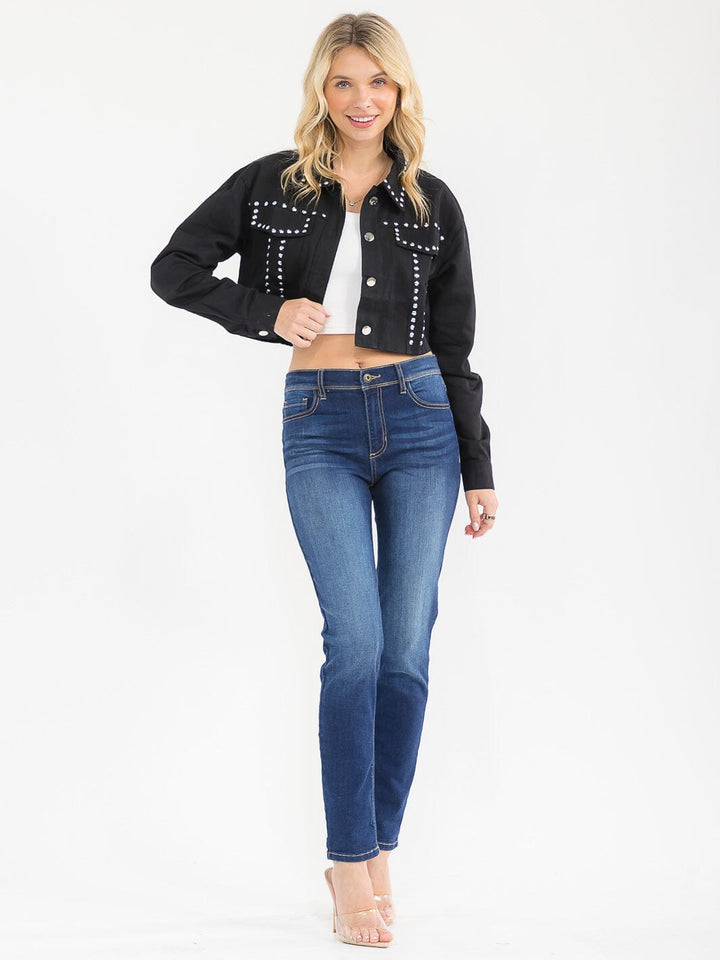 WOMEN'S LONG SLEEVE BUTTON CLOSURE STUDS DENIM JACKET