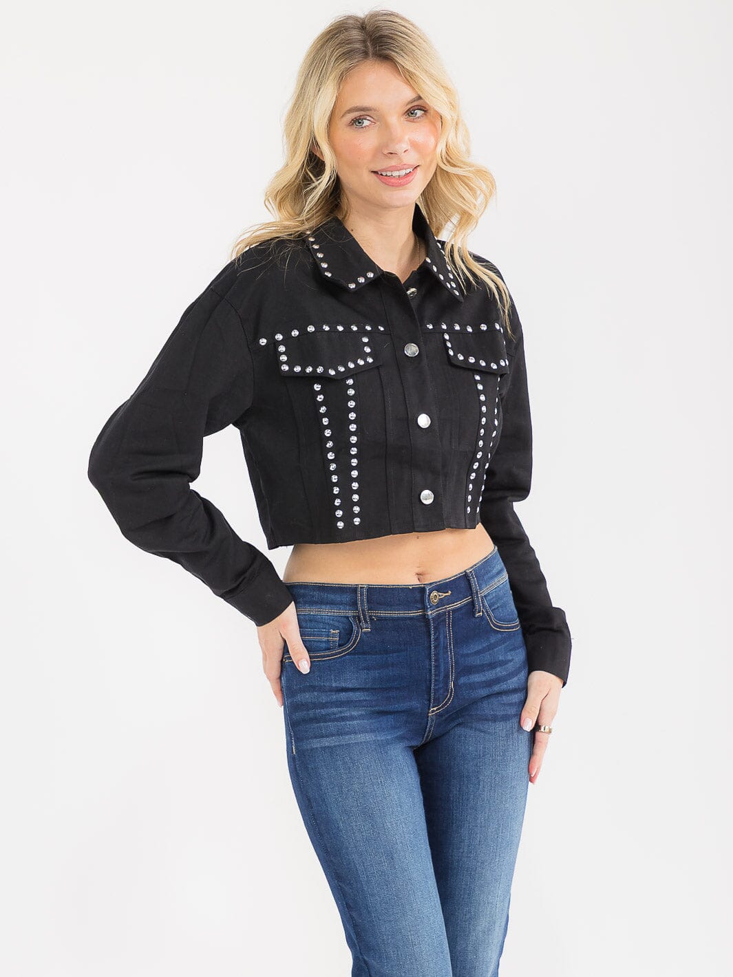 WOMEN'S LONG SLEEVE BUTTON CLOSURE STUDS DENIM JACKET