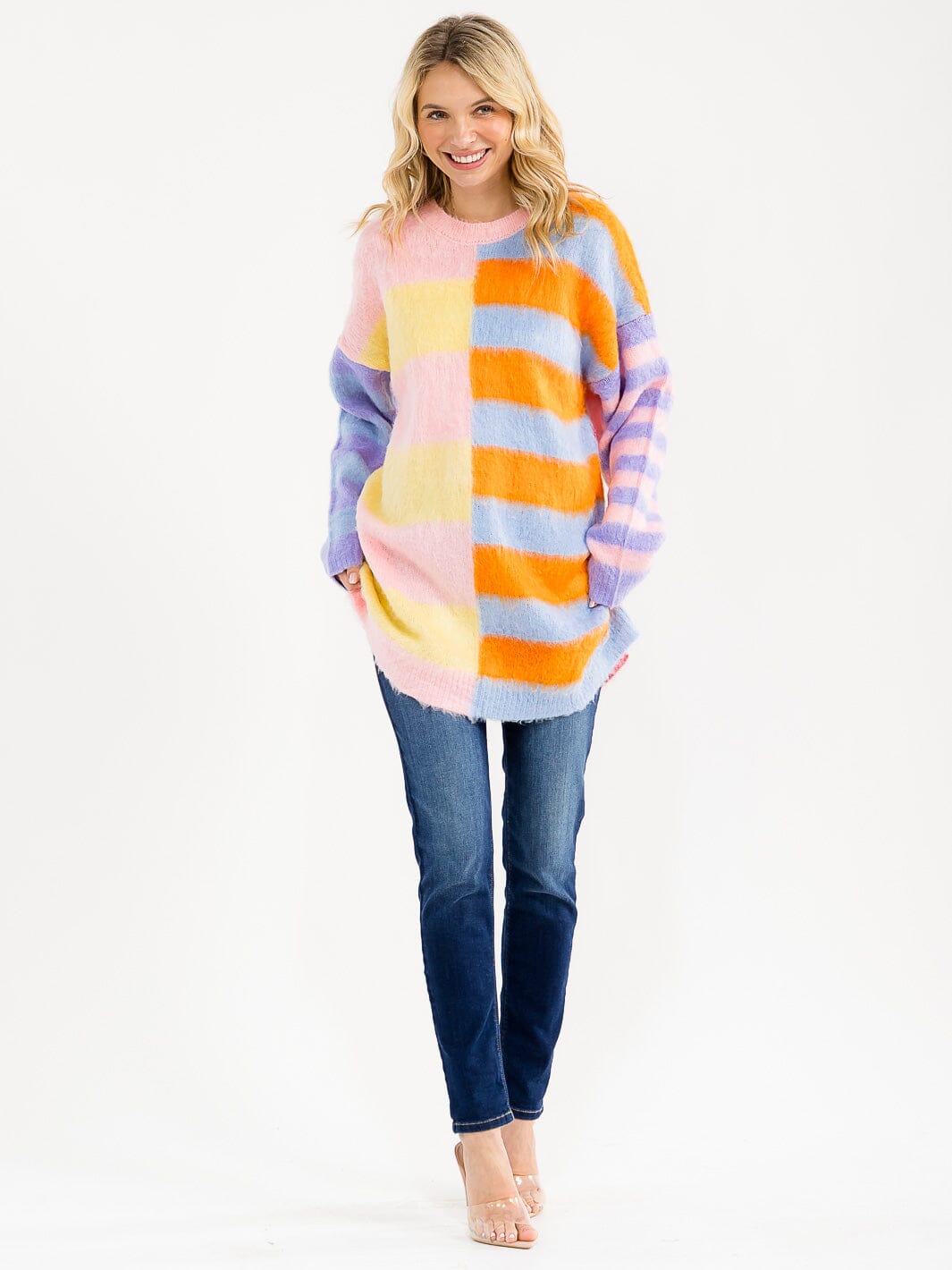 WOMEN'S LONG SLEEVE COLORBLOCK STRIPES OVERSIZED PULLOVER SWEATER