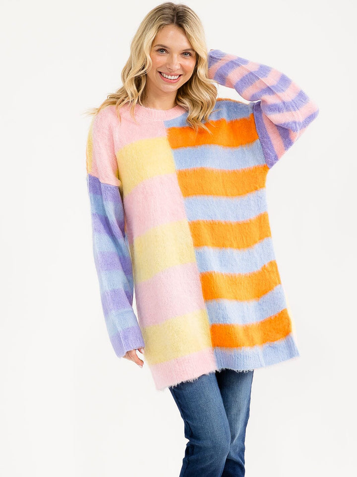 WOMEN'S LONG SLEEVE COLORBLOCK STRIPES OVERSIZED PULLOVER SWEATER