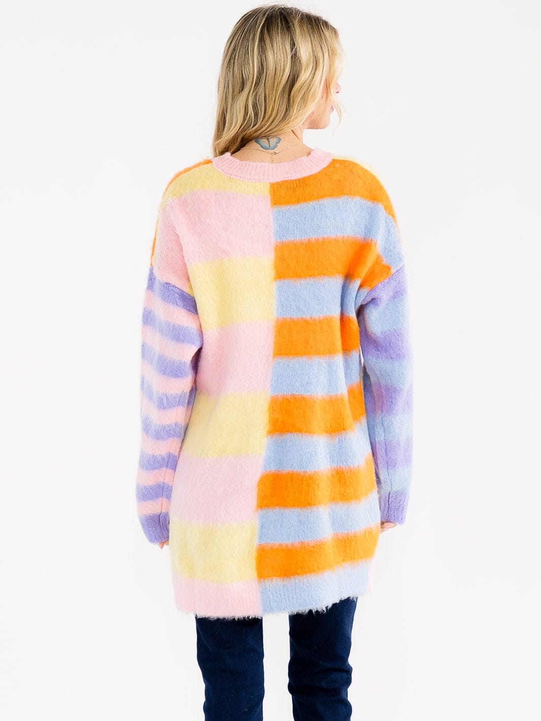 WOMEN'S LONG SLEEVE COLORBLOCK STRIPES OVERSIZED PULLOVER SWEATER