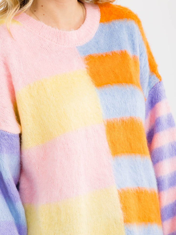 WOMEN'S LONG SLEEVE COLORBLOCK STRIPES OVERSIZED PULLOVER SWEATER