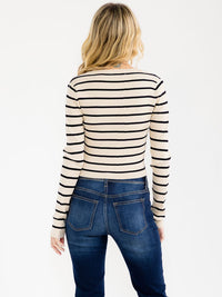 WOMEN'S LONG SLEEVE FRONT TIE RIBBED COLORBLOCK TOP