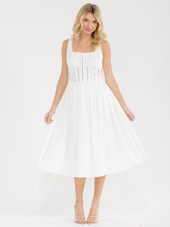 WOMEN'S SLEEVELESS SQUARE NECK BUTTON CLOSURE LACE MIDI DRESS