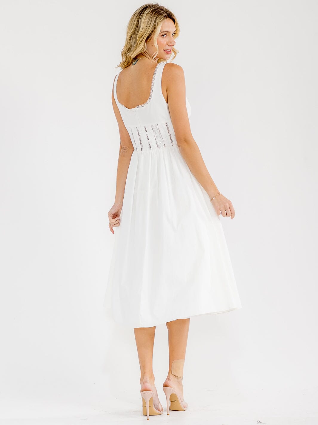WOMEN'S SLEEVELESS SQUARE NECK BUTTON CLOSURE LACE MIDI DRESS