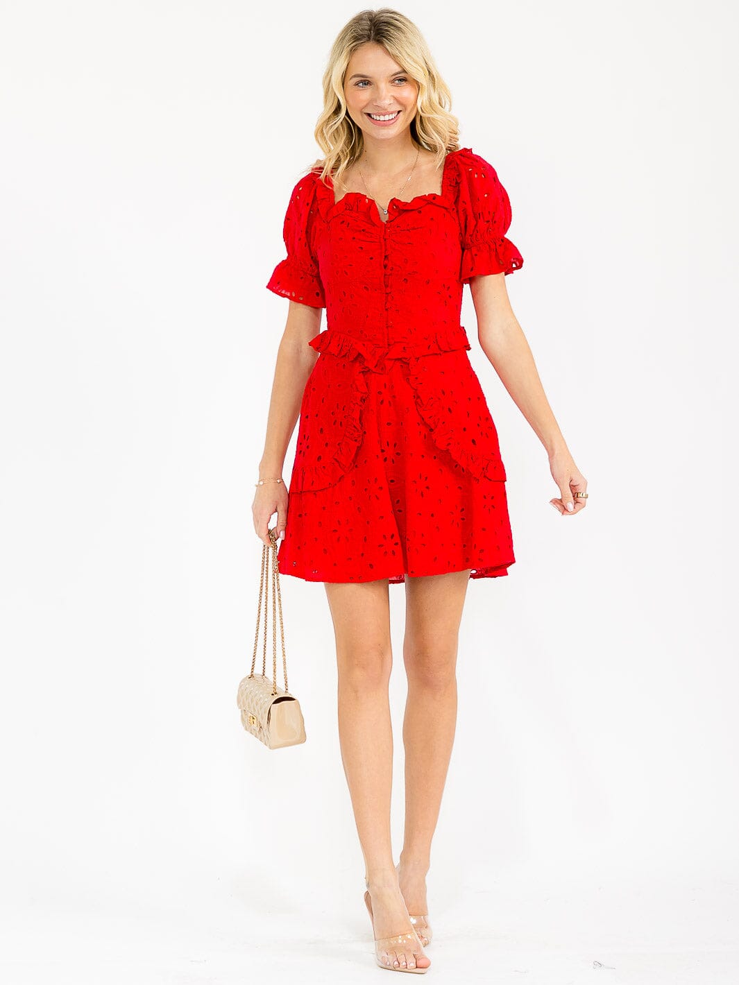 WOMEN'S SHORT SLEEVE HEART NECK BUTTON UP RUFFLE EYELET MINI DRESS