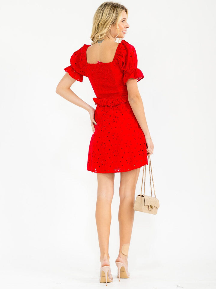 WOMEN'S SHORT SLEEVE HEART NECK BUTTON UP RUFFLE EYELET MINI DRESS