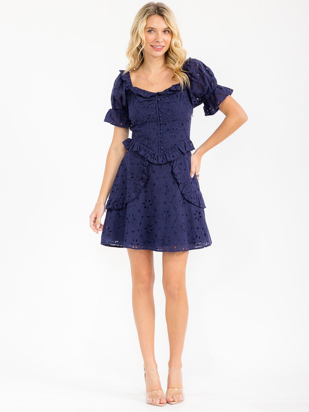 WOMEN'S SHORT SLEEVE HEART NECK BUTTON UP RUFFLE EYELET MINI DRESS