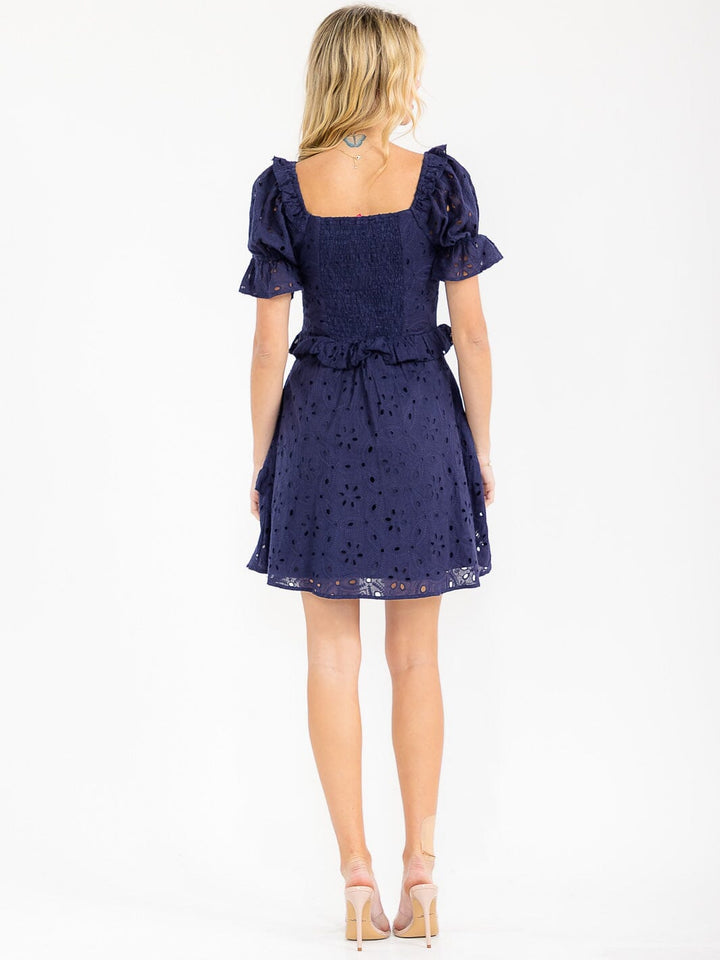 WOMEN'S SHORT SLEEVE HEART NECK BUTTON UP RUFFLE EYELET MINI DRESS