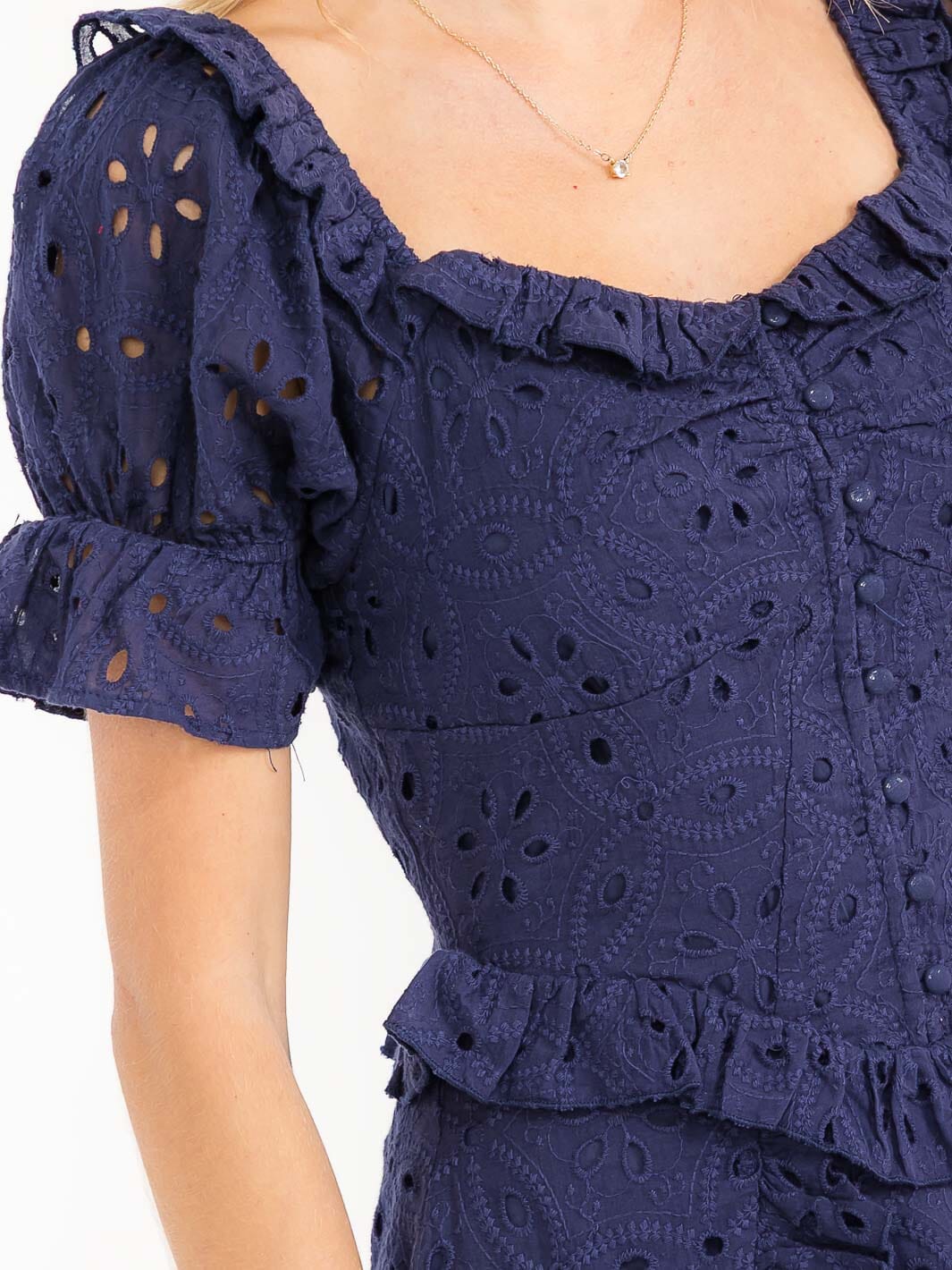 WOMEN'S SHORT SLEEVE HEART NECK BUTTON UP RUFFLE EYELET MINI DRESS