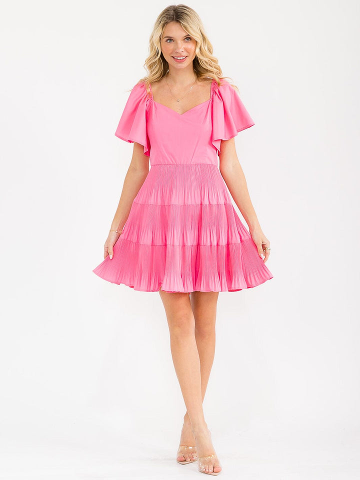 WOMEN'S SHORT SLEEVE V-NECK TIERED PLEATED TUNIC MINI DRESS