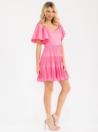WOMEN'S SHORT SLEEVE V-NECK TIERED PLEATED TUNIC MINI DRESS