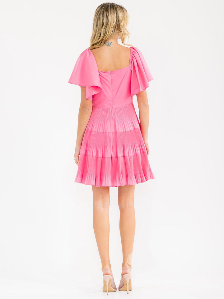 WOMEN'S SHORT SLEEVE V-NECK TIERED PLEATED TUNIC MINI DRESS