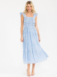 WOMEN'S SLEEVELESS SQUARE NECK SMOCK TIERED PLAID MAXI DRESS