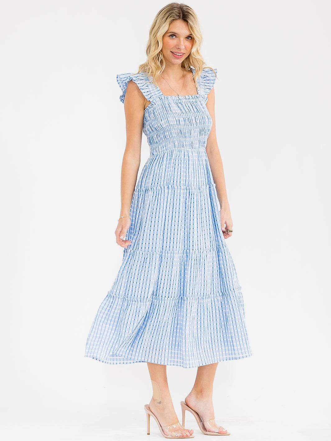 WOMEN'S SLEEVELESS SQUARE NECK SMOCK TIERED PLAID MAXI DRESS