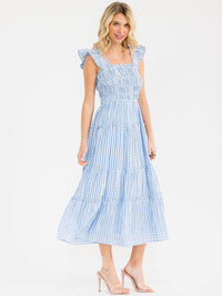 WOMEN'S SLEEVELESS SQUARE NECK SMOCK TIERED PLAID MAXI DRESS