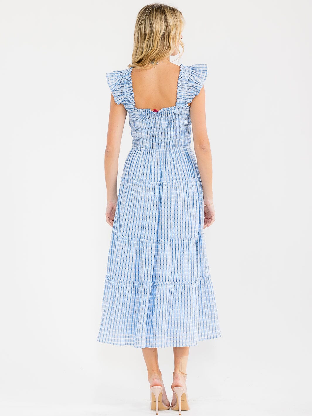 WOMEN'S SLEEVELESS SQUARE NECK SMOCK TIERED PLAID MAXI DRESS