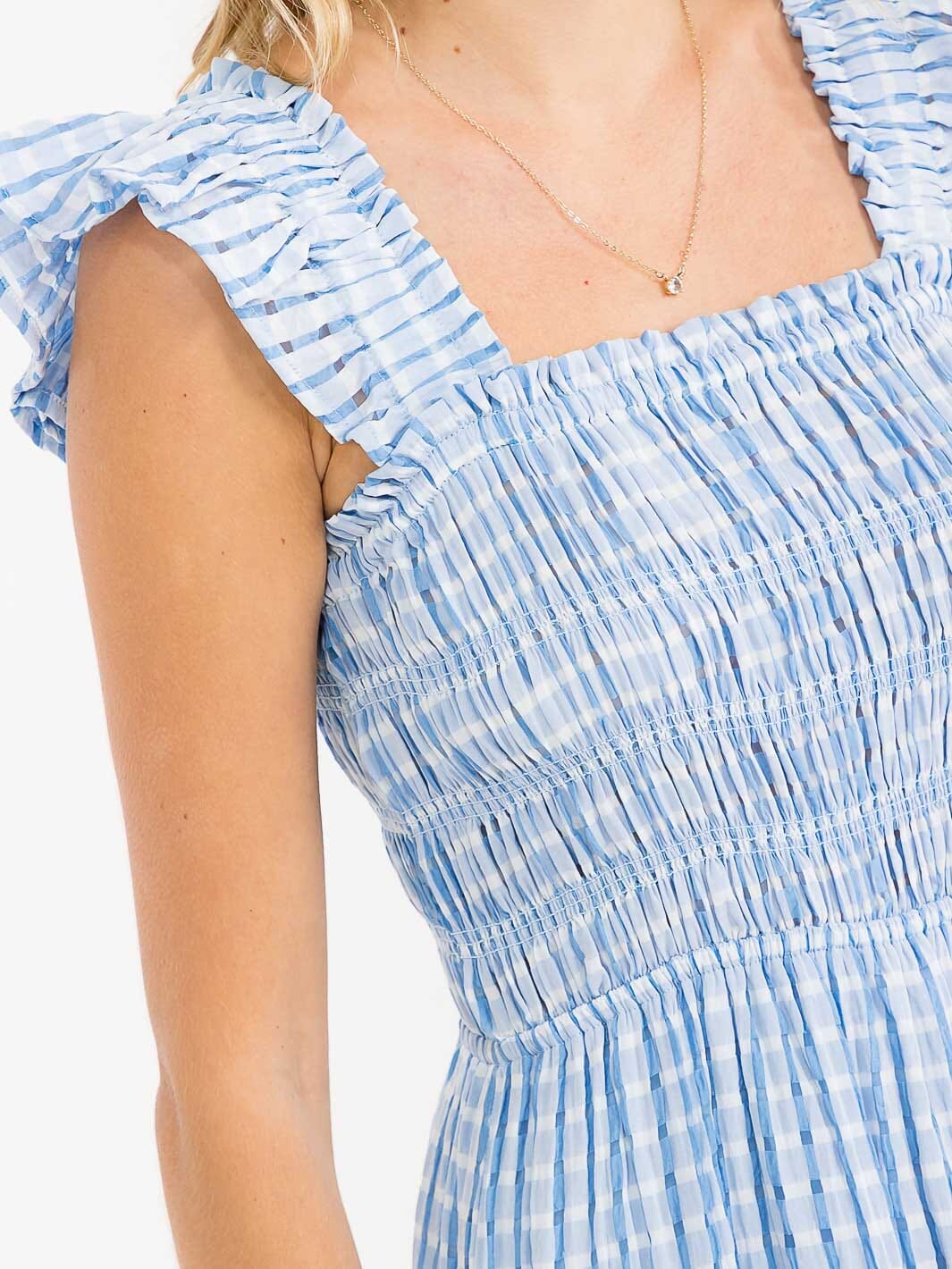 WOMEN'S SLEEVELESS SQUARE NECK SMOCK TIERED PLAID MAXI DRESS