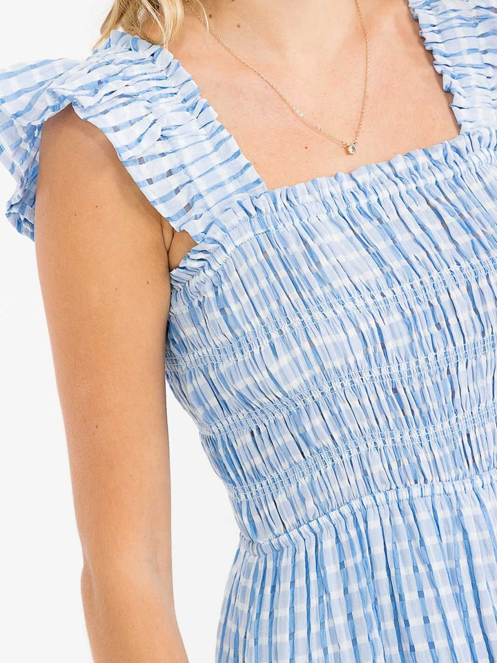 WOMEN'S SLEEVELESS SQUARE NECK SMOCK TIERED PLAID MAXI DRESS