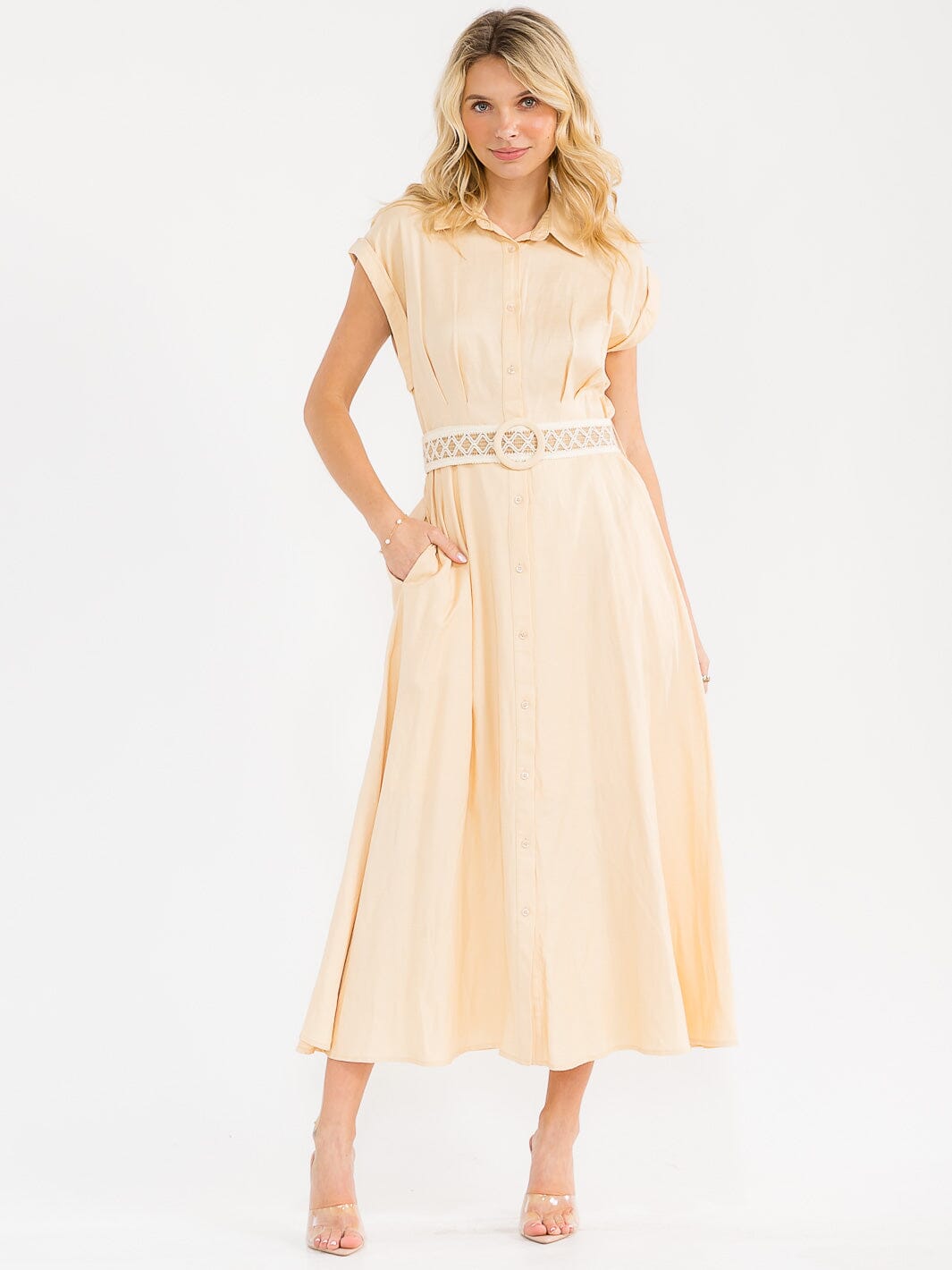 WOMEN'S SHORT SLEEVE BUTTON CLOSURE POCKETS BELTED LINEN MAXI DRESS