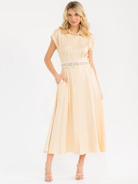 WOMEN'S SHORT SLEEVE BUTTON CLOSURE POCKETS BELTED LINEN MAXI DRESS