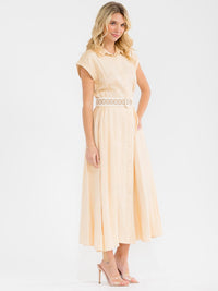 WOMEN'S SHORT SLEEVE BUTTON CLOSURE POCKETS BELTED LINEN MAXI DRESS