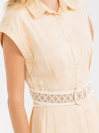WOMEN'S SHORT SLEEVE BUTTON CLOSURE POCKETS BELTED LINEN MAXI DRESS