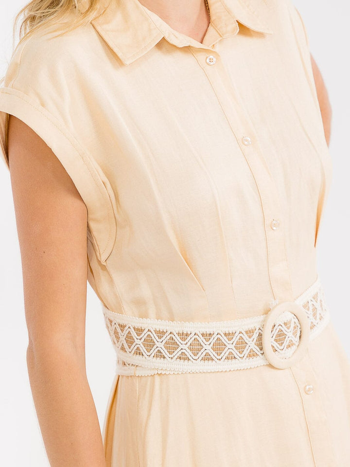 WOMEN'S SHORT SLEEVE BUTTON CLOSURE POCKETS BELTED LINEN MAXI DRESS