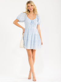 WOMEN'S SHORT PUFF SLEEVE HEART NECK TIERED EYELET MINI DRESS