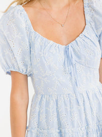 WOMEN'S SHORT PUFF SLEEVE HEART NECK TIERED EYELET MINI DRESS