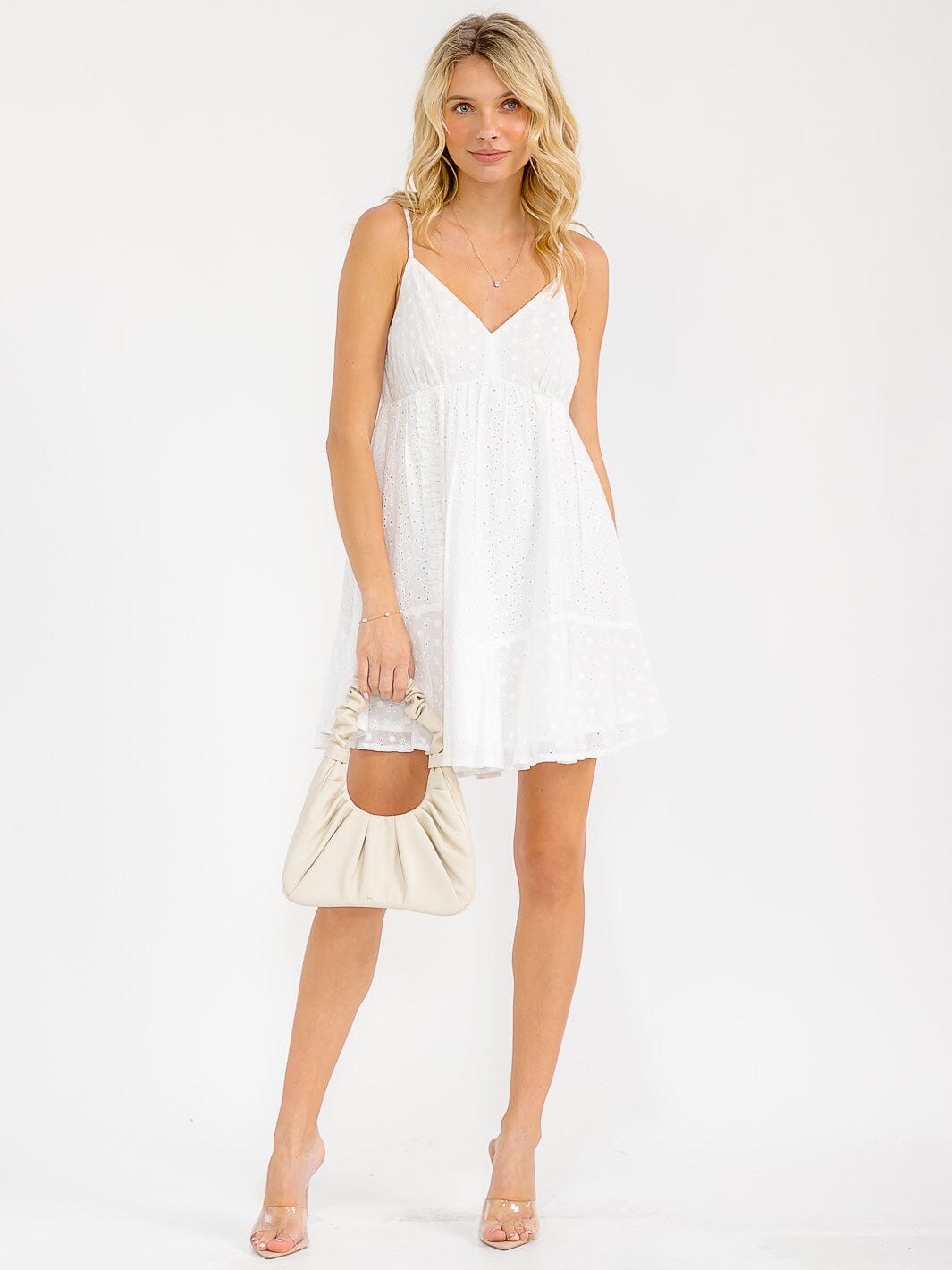 WOMEN'S SLEEVELESS V-NECK ELASTIC WAIST EYELET MINI DRESS