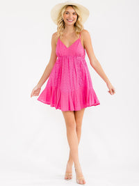 WOMEN'S SLEEVELESS V-NECK ELASTIC WAIST EYELET MINI DRESS