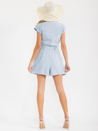 WOMEN'S SHORT SLEEVE ZIP UP POCKETS SELF TIE ROMPER