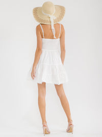 WOMEN'S SLEEVELESS V-NECK BUTTON CLOSURE SMOCK FIT & FLARE MINI DRESS