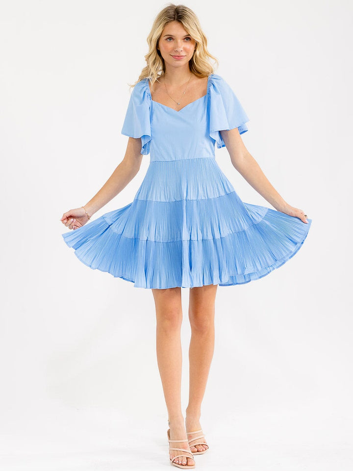 WOMEN'S SHORT SLEEVE V-NECK TIERED PLEATED TUNIC MINI DRESS