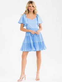 WOMEN'S SHORT SLEEVE V-NECK TIERED PLEATED TUNIC MINI DRESS