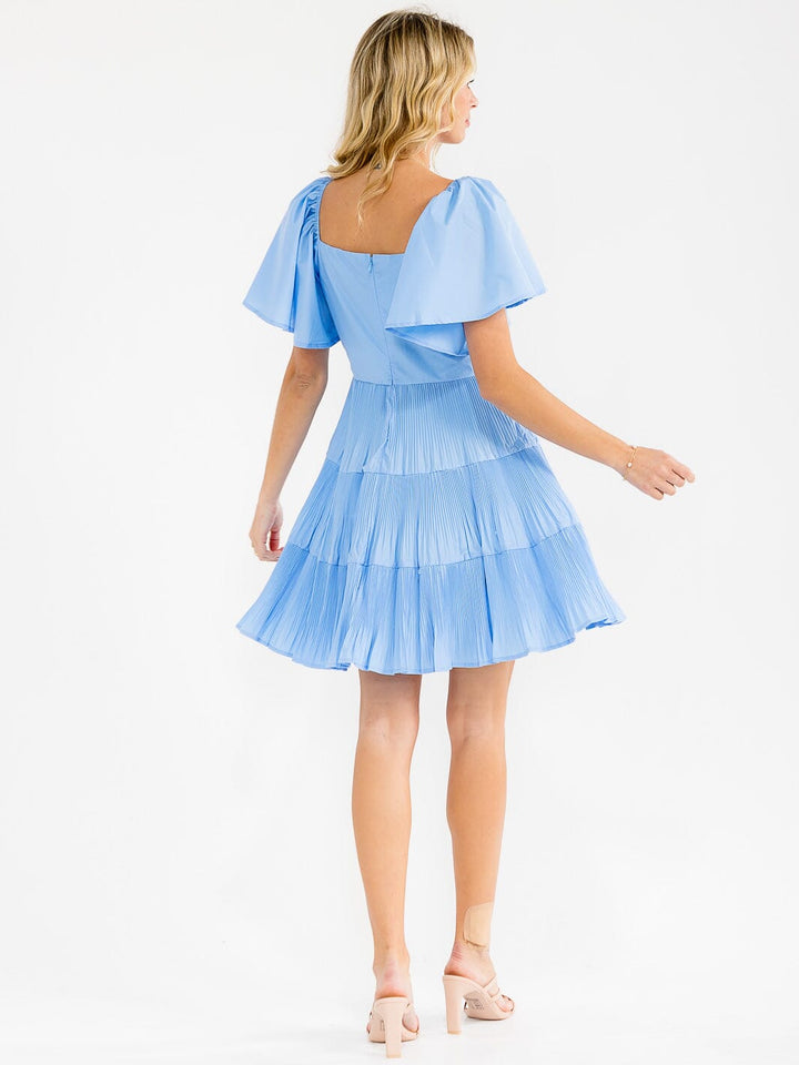 WOMEN'S SHORT SLEEVE V-NECK TIERED PLEATED TUNIC MINI DRESS