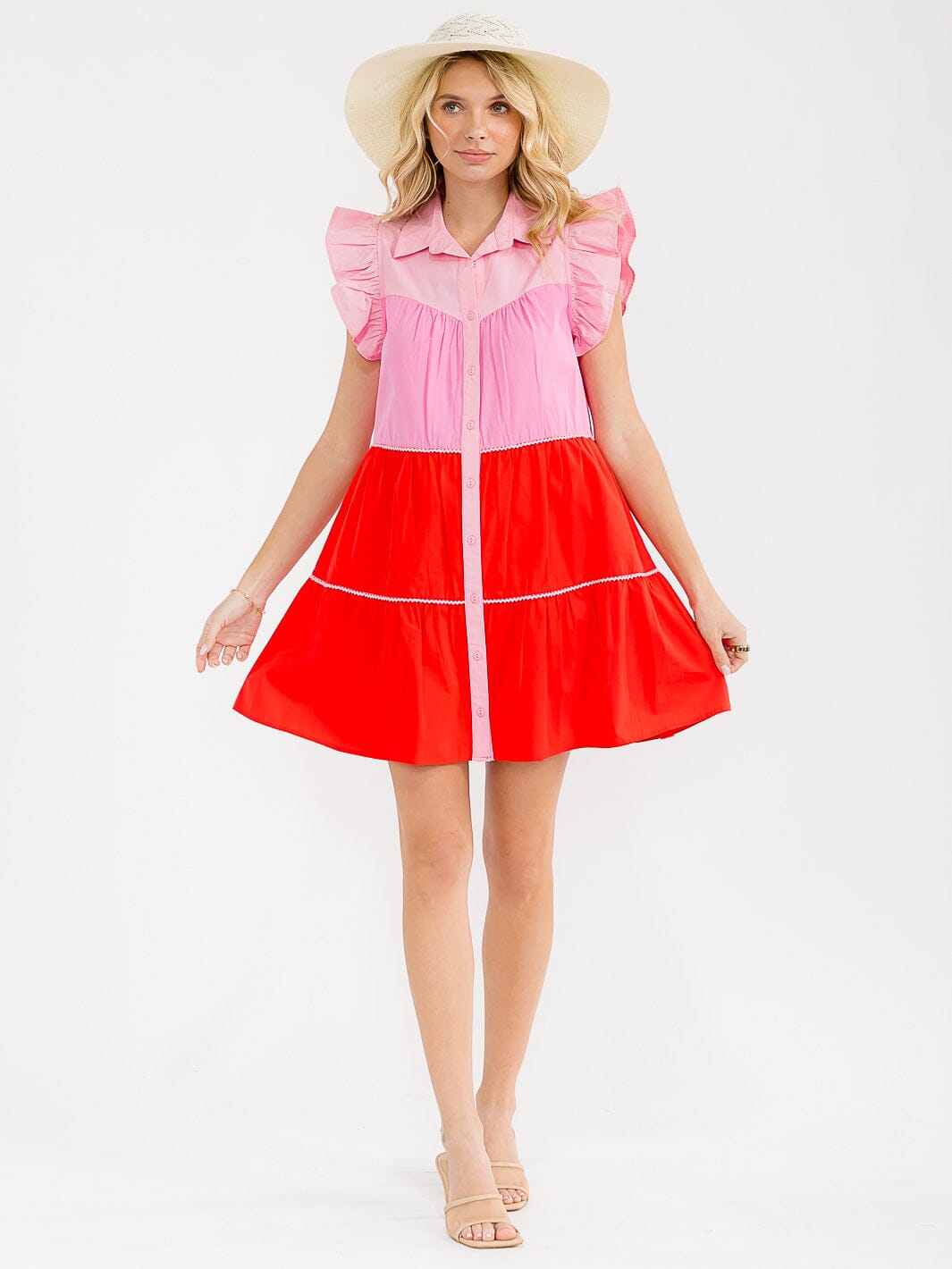 WOMEN'S RUFFLE SLEEVE BUTTON UP COLORBLOCK TUNIC MINI DRESS