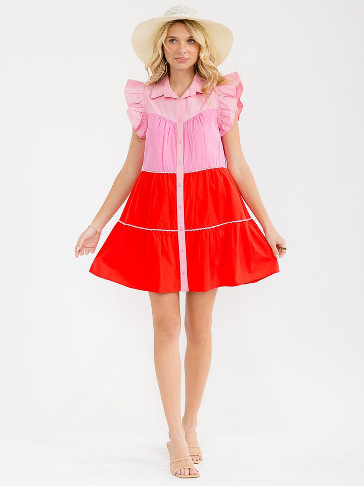 WOMEN'S RUFFLE SLEEVE BUTTON UP COLORBLOCK TUNIC MINI DRESS