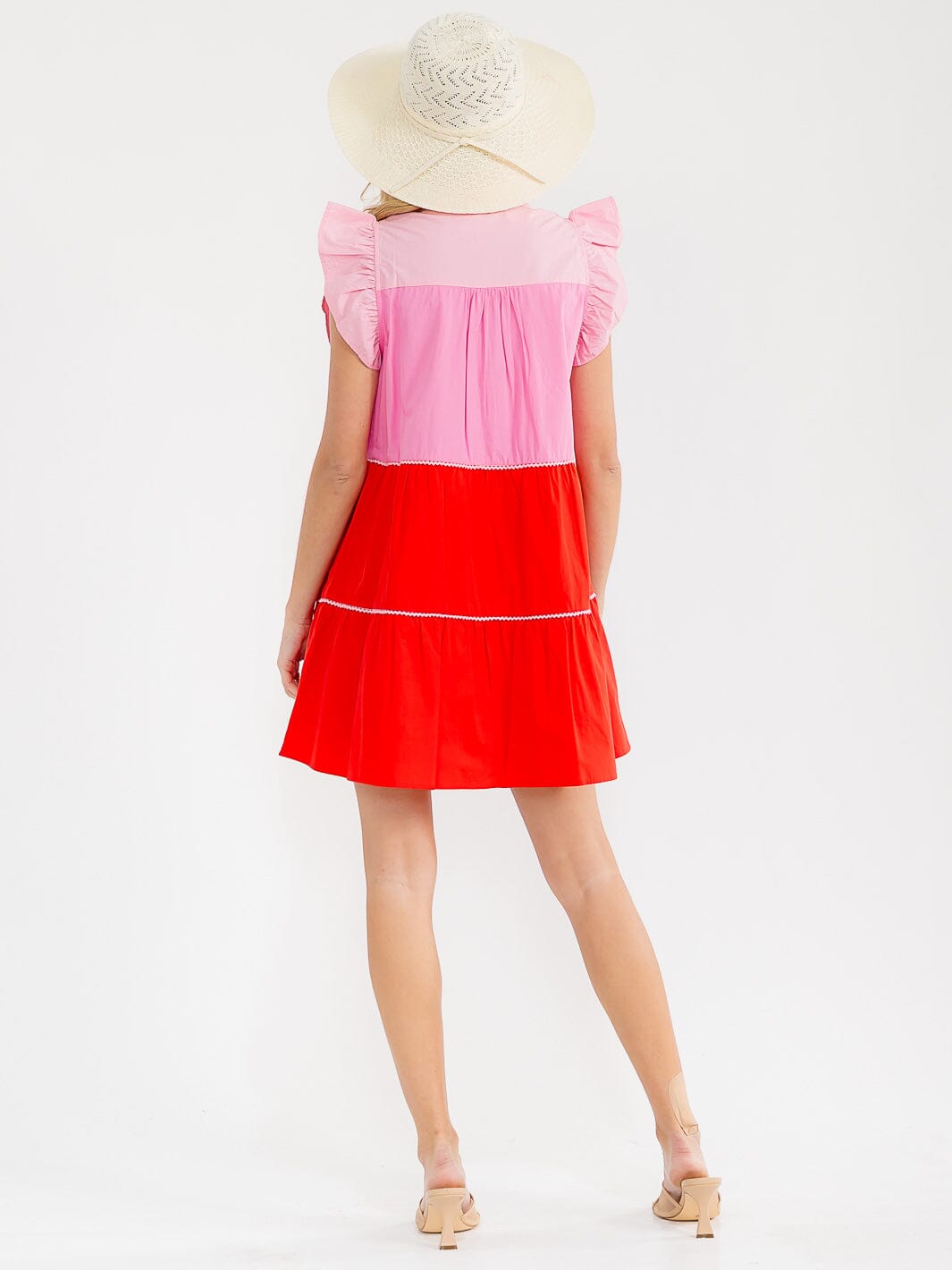 WOMEN'S RUFFLE SLEEVE BUTTON UP COLORBLOCK TUNIC MINI DRESS