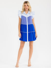 WOMEN'S RUFFLE SLEEVE BUTTON UP COLORBLOCK TUNIC MINI DRESS
