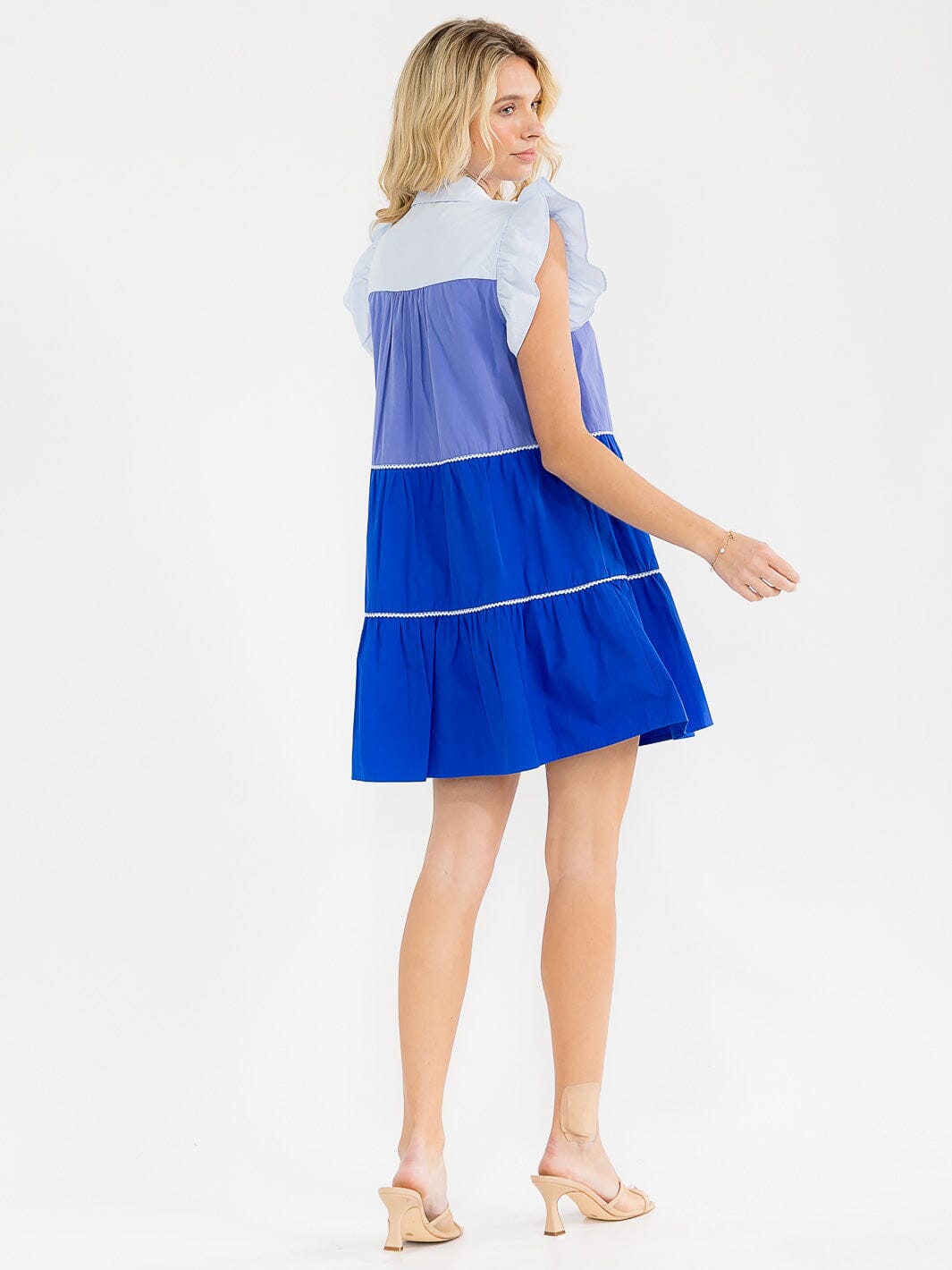 WOMEN'S RUFFLE SLEEVE BUTTON UP COLORBLOCK TUNIC MINI DRESS