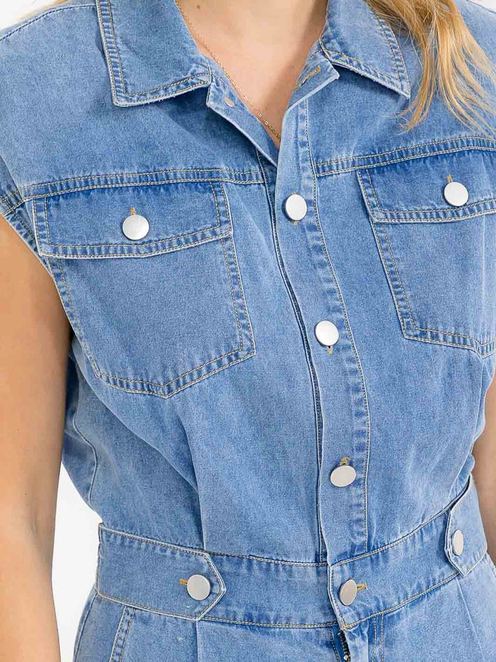 WOMEN'S SHORT SLEEVE BUTTON UP POCKETS ELASTIC WAIST DENIM ROMPER