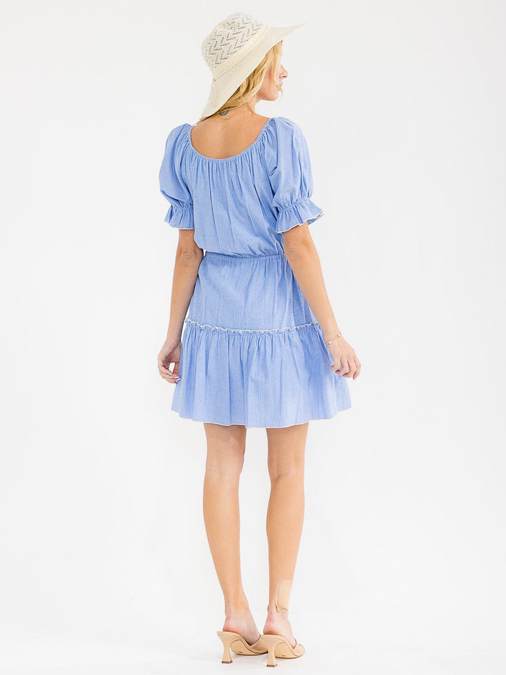 WOMEN'S SHORT SLEEVE ADJUSTABLE WAIST TIERED STRIPES MINI DRESS