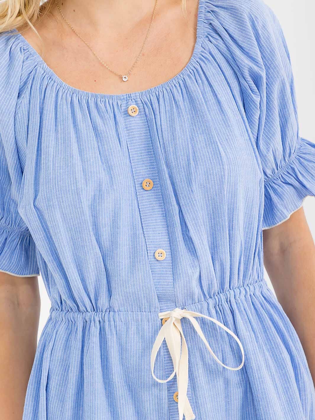 WOMEN'S SHORT SLEEVE ADJUSTABLE WAIST TIERED STRIPES MINI DRESS