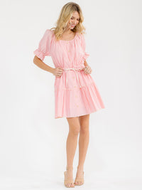 WOMEN'S SHORT SLEEVE ADJUSTABLE WAIST TIERED STRIPES MINI DRESS