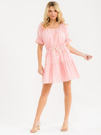 WOMEN'S SHORT SLEEVE ADJUSTABLE WAIST TIERED STRIPES MINI DRESS
