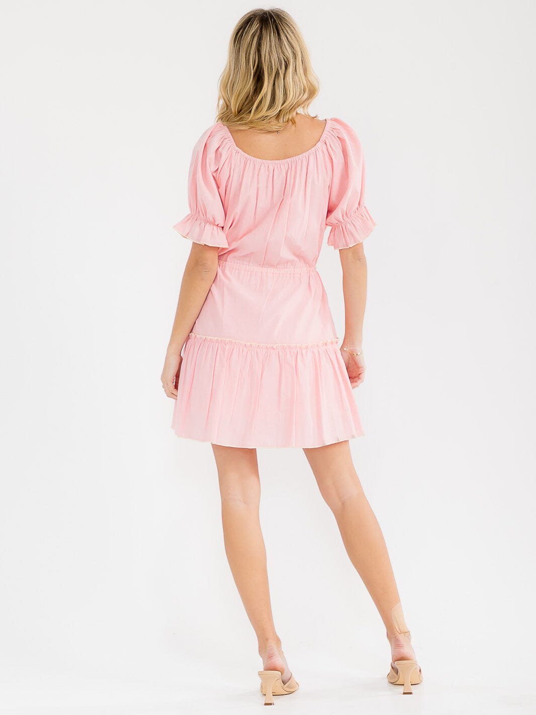 WOMEN'S SHORT SLEEVE ADJUSTABLE WAIST TIERED STRIPES MINI DRESS